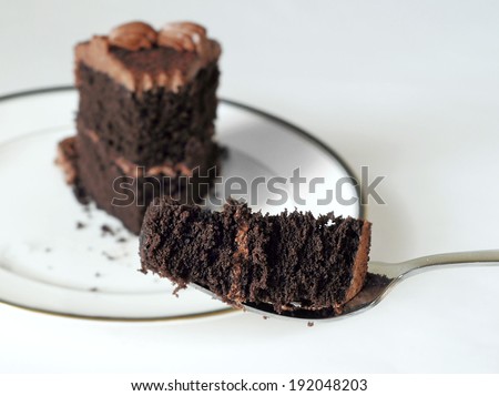 A bite of chocolate cake on a fork with the slice of cake in the background