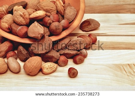 Detail of a wooden bowl on a wooden surface. The bowl is spilling over a variety of mixed nuts. The nuts include walnuts, brazil nuts, pecans, hazelnuts and almonds. Horizontal image with rich browns
