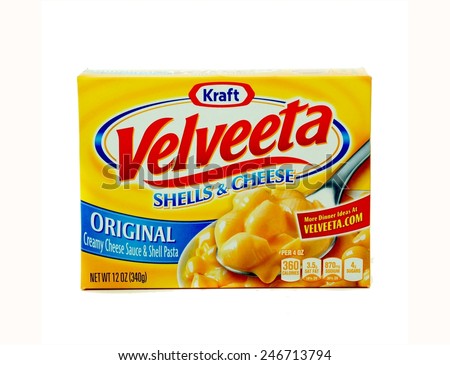 WEST PALM BEACH, FLORIDA - January 24, 2015: Nice Image of a box of Kraft Velveeta  Shells and Cheese Original.  The yellow box has blue and red accents. Kraft is headquartered in Chicago, Illinois.