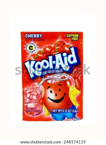WEST PALM BEACH, FLORIDA - January 29, 2015: A red packet of Kool-Aid cherry flavored drink mix. Kool-Aid, was invented in Hastings, Nebraska where locals still celebrate \