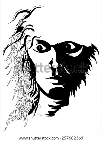 Pen and ink drawing is an unfinished portrait of a young man with long hair. His expression is one of fear or anger. The space for his brain is empty. The lines of the drawing are visibly rough