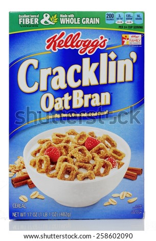 WEST PALM BEACH, FLORIDA - March 1, 2015: Blue box of Kellogg\'s Cracklin\' OatBran breakfast cereal with photo of serving suggestion on the front. Kellogg\'s logo is red, the rest of the label is white