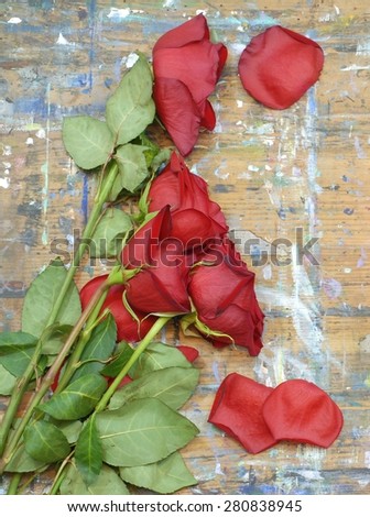 Wilted and faded red roses and green stems on a weathered wooden surface with multiple paint stains. Some fallen rose petals are scattered around. Concept of age or old love. Vertical composition.