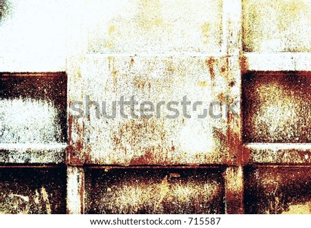 Grungy background or texture. This is a filtered image of the back of a rusty dump truck. The panels on the truck make sections in the background, could be great website background with map sections