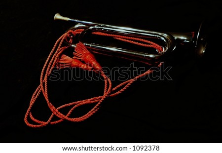 Tasselled red cord wrapped around shadowy bugle