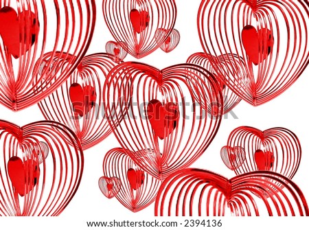 Background of various sizes of red heart shapes on white.  The background is created by multiple images of a single valentine ornament.  Horizontal image would be a great, seasonal wallpaper