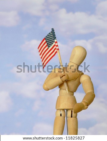 US patriotism or memorial image of posing mannequin carrying US flag