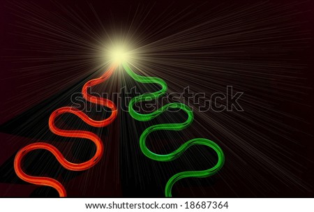 Red and green graphic style Christmas tree on black background