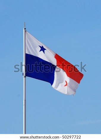 National flag of Panama flying on a sunny day. The stars and quarters are said to stand for the rival political parties, and the white for peace. Blue for Conservatives, and red for Liberals.