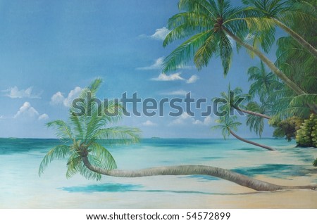 Oil on canvas painting of a tropical beach paradise