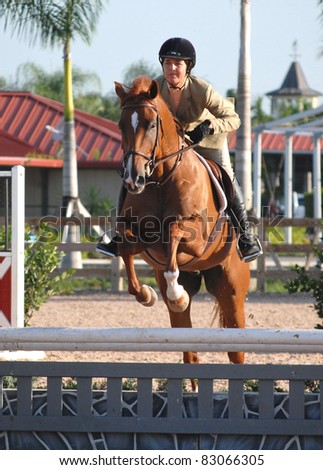WELLINGTON, FLORIDA - AUGUST 13: An unidentified rider takes a fence at the South Florida Hunter Jumper Association\'s Summer Series on August 13, 2011 in Wellington, Florida.