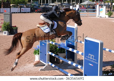 WELLINGTON, FLORIDA - January 16, 2016: An unidentified rider on a bay colored horse going over a jump in the Denemethy arena at Palm Beach International Equestrian Center during week 1 of WEF