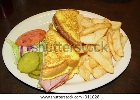 Monte Cristo sandwich and fries. Note grease on food.