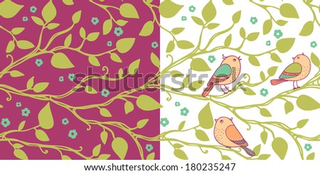 Seamless pattern with spring cherry blossoms and birds. colorful texture