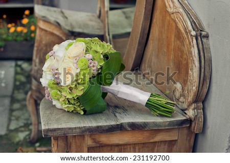 wedding bouquet on vintage furniture