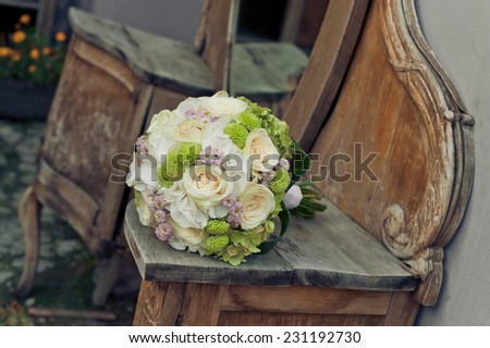 wedding bouquet on vintage furniture