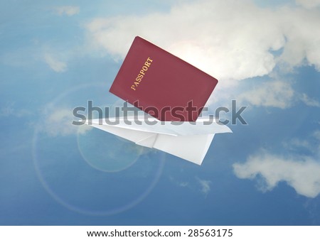 Blue paper airplane flight and passport