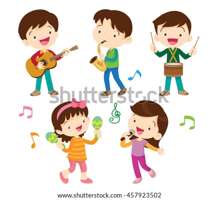 illustrator vector of children group.Cartoon dancing kids and kids with musical instruments.child music playing.cute child musician various actions.children playing music.
