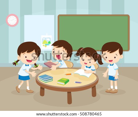 Group of Children and Tutor with tablets in a classroom. Education using the devices. Preschool lesson. Contemporary education using the devices.Children working in group in classroom illustration.