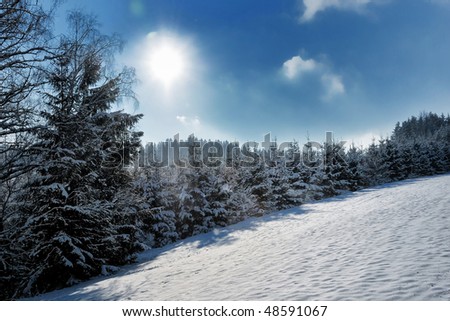 snow-covered landscape. the sun is shining. very deep blue sky