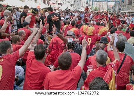 GDANSK. POLAND - JUNE 10 Spanish football fans on the streets of Gdansk, before the match group with Italy. June 10, 2012. Gdansk, Poland.