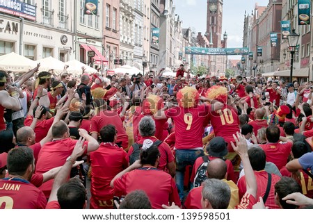 GDANSK. POLAND - JUNE 10: Spanish football fans on the streets of Gdansk, before the match group with Italy. June 10, 2012. Gdansk, Poland.