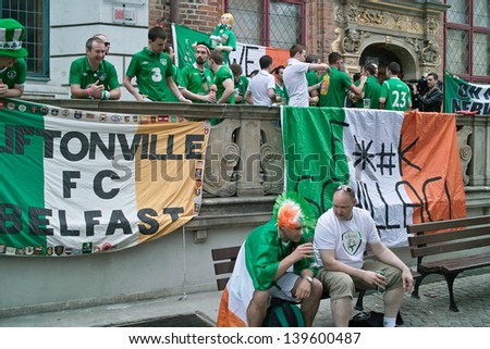 GDANSK. POLAND - JUNE 14: Irish football fans on the streets of Gdansk, before the match group with Spain.. June 14, 2012. Gdansk, Poland.