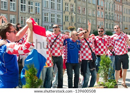 GDANSK. POLAND - JUNE 18: Croatis football fans on the streets of Gdansk, before the match group with Spain. June 18, 2012. Gdansk, Poland.