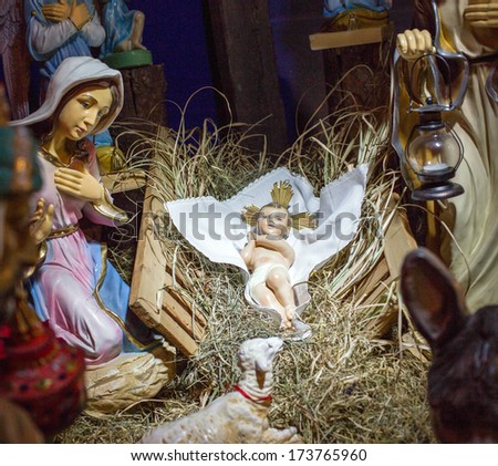Christmas crib with child Jesus, father Josef and virgin Mary in stable at Gdansk.