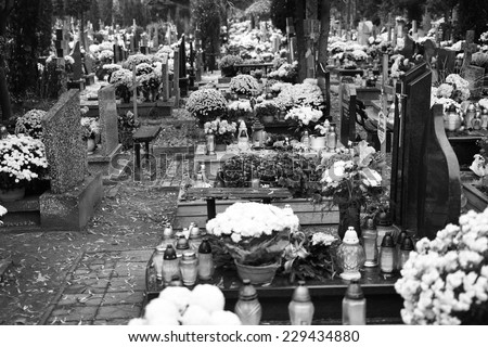 GDANSK, POLAND - NOVEMBER 08, 2014: Octave of All Saints. Artistic look in black and white. Polish memory. Octave of All Saints. In November, in Poland a week dedicated to the memory of the dead.