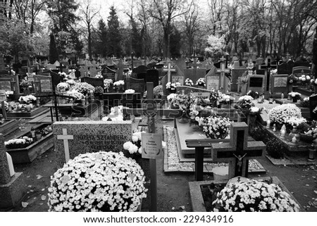 GDANSK, POLAND - NOVEMBER 08, 2014: Octave of All Saints. Artistic look in black and white. Polish memory. Octave of All Saints. In November, in Poland a week dedicated to the memory of the dead.