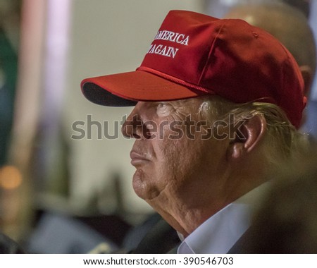 Profile view of Donald J Trump, presidential candidate, at the Boca Raton, FL Rally on March 13th, 2016.