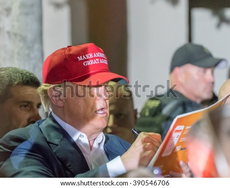 Profile view of Donald J Trump, presidential candidate, at the Boca Raton, FL Rally on March 13th, 2016.