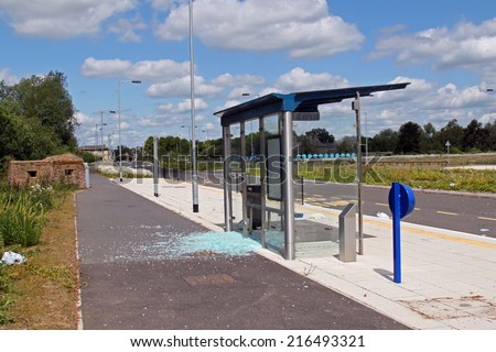 Vandalised bus stop on the Cambridgeshire guided bus way