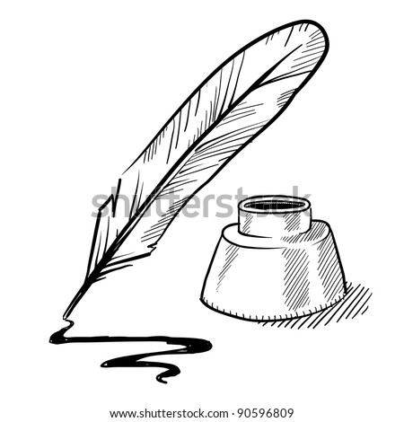 Doodle style feather quill pen and ink well illustration in vector format