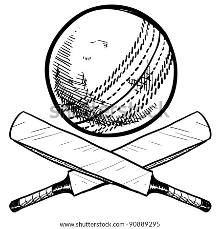 Doodle style cricket sports equipment in vector format including ball and bat