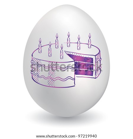 Doodle style birthday cake sketch on decorated holiday Easter Egg in vector format