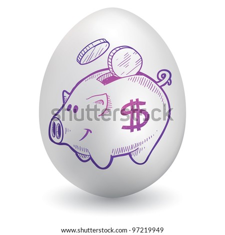 Doodle style piggy bank sketch on decorated holiday Easter Egg in vector format