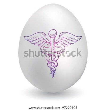 Doodle style medical Caduceus sketch on decorated holiday Easter Egg in vector format