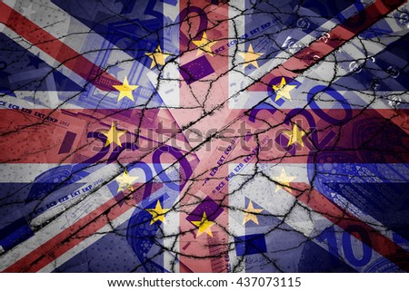Brexit - United Kingdom flag, EU flag, cracks and euros