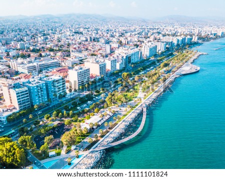 Aerial View of Molos Promenade on the Coast of Limassol City in Cyprus, Sunset Time
