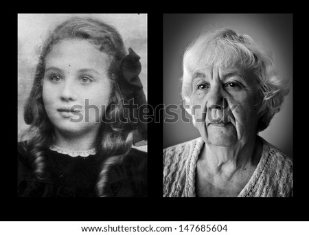 Two portraits of one woman: at seventeen and seventy-seven years old.