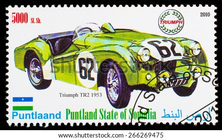 SOMALIA - CIRCA 2010: Postage stamp printed in Somali republic shows retro car, Triumph TR2 1953,circa 2010.