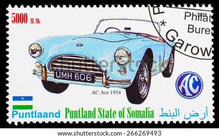 SOMALIA - CIRCA 2010: Postage stamp printed in Somali republic shows retro car, AC Ace 1954,circa 2010.