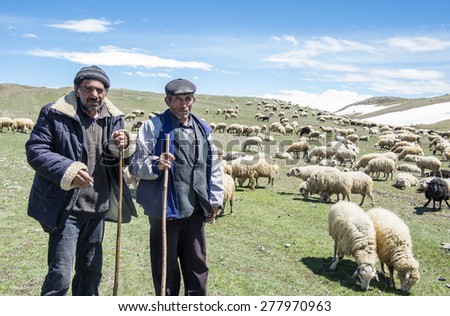 Akhalkalaki, Georgia - May 07, 2015: Shepherds and flock of sheep in mountain pastures