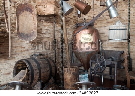 Old brewery. A copper tub, beer flank and other equipment which is used for brewing