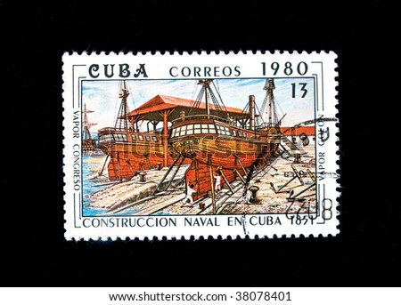CUBA-CIRCA 1980: A stamp printed in CUBA shows Ship-building shipyard, circa 1980. Series