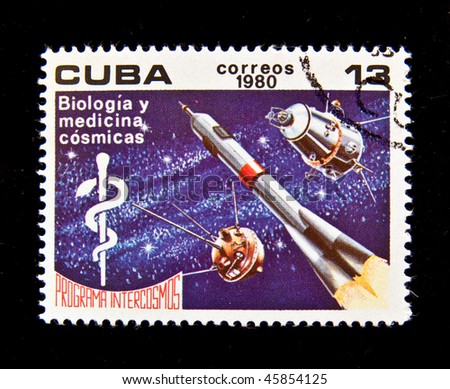 CUBA - CIRCA 1980: A stamp printed in the Cuba shows Space station for biological and medical experiments, circa 1980. Big space series