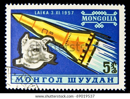 MONGOLIA - CIRCA 1980s: A stamp printed in Mongolia shows Laika - first dog in space, circa 1980s