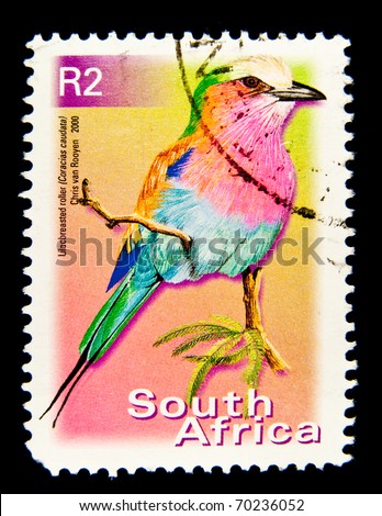 SOUTH AFRICA - CIRCA 2000: A stamp printed in South Africa shows image of a Lilac-breasted roller (Coracias caudatus), series, circa 2000